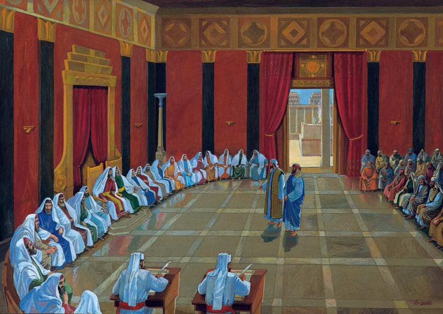 The Great Sanhedrin in session in the Chamber of Hewn Stone